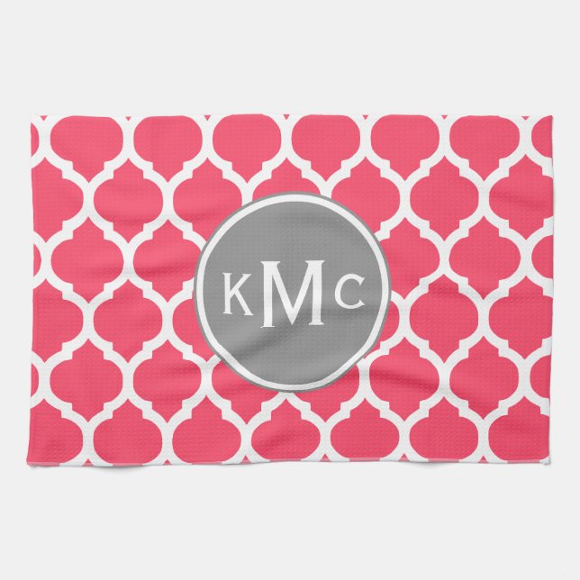 Bright Rosa Grått Monogrammed Moroccan Lattice Kökshandduk (Horisontell)