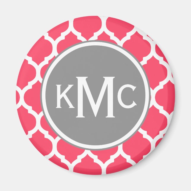 Bright Rosa Grått Monogrammed Moroccan Lattice Magnet (Framsidan)