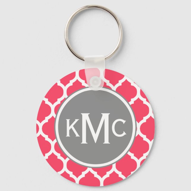 Bright Rosa Grått Monogrammed Moroccan Lattice Nyckelring (Framsida)