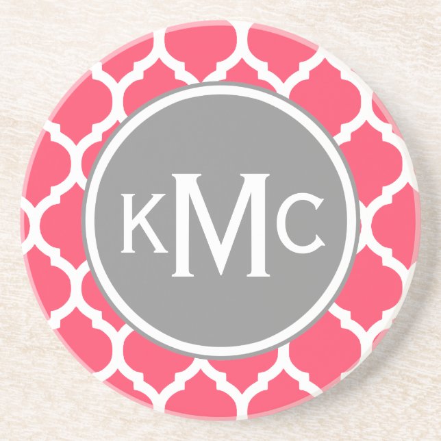 Bright Rosa Grått Monogrammed Moroccan Lattice Underlägg Sandsten (Framsidan)