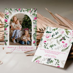 Bright Rosa & Greenery Arch Photo God jul Julkort<br><div class="desc">Den här samlingen har vattenfärgsskarpa blommigtar för rosa,  bär och vintergröna med modern och elegant typografi,  med ett botaniskt mönster baksida på vintern.</div>
