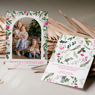 Bright Rosa & Greenery Arch Photo God jul Julkort