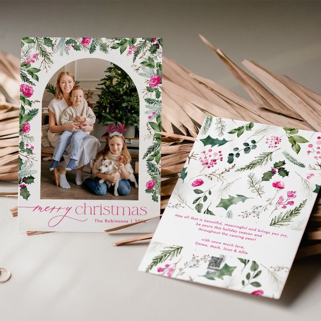 Bright Rosa & Greenery Arch Photo God jul Julkort (Skapare uppladdad)