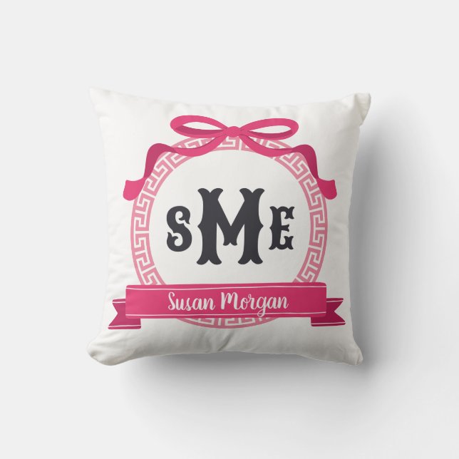 Bright Rosa Grekiska Nyckel Bow Monogram Kudde (Framsida)