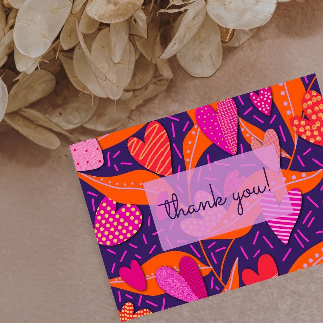Bright Rosa Hearts Mönster Business Tack Kort (Vibrant floral pattern Thank You card for any occasion.)
