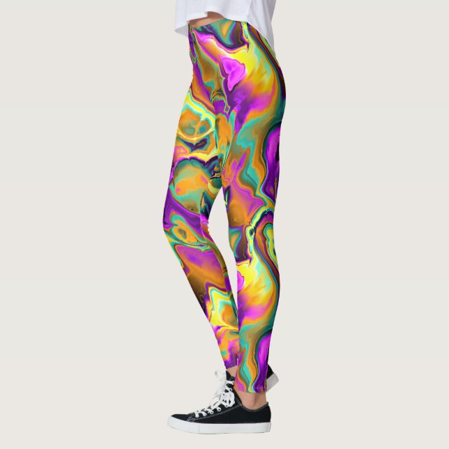 Bright Rosa Lila Teal Turcos Marble Fractalals Leggings (Vänster)