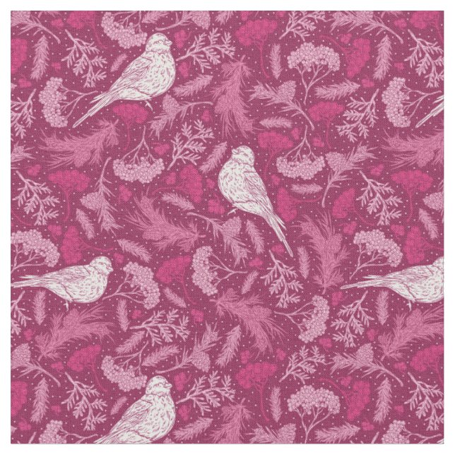 Bright Rosa Mauve Winter White Bird Blommönster Tyg (Närbild)