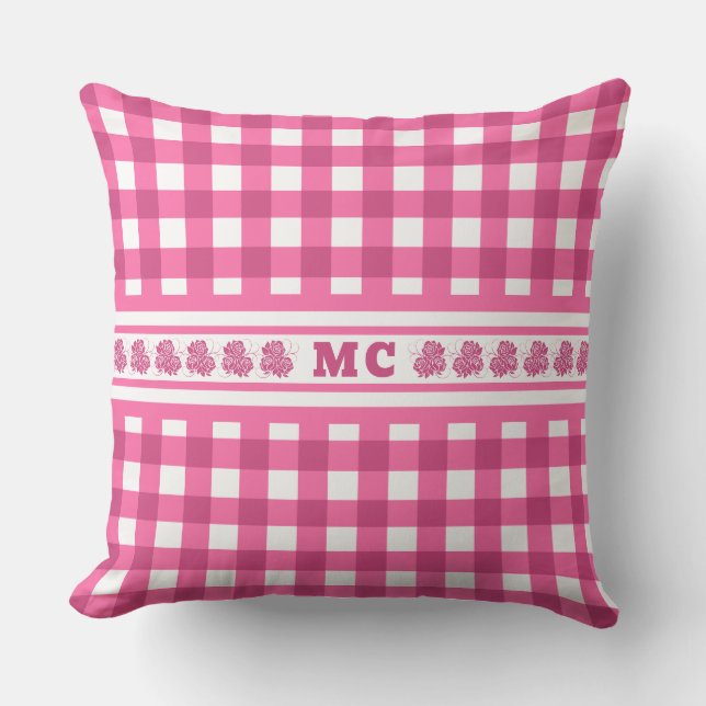 Bright Rosa Monogram Gingham Girly Play Kudde (Framsida)