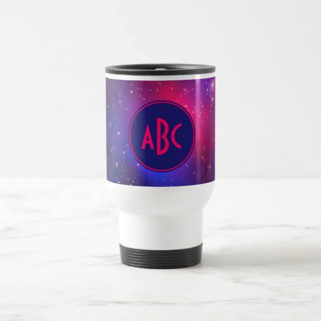 Bright Rosa och Blue Galaxy Cluster Monogram Resemugg (Center)