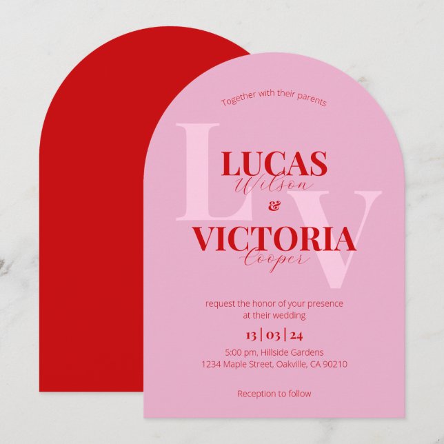 Bright Rosa och Fet Red Arch Bröllop Inbjudningar (Fram/baksida)