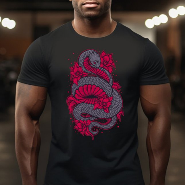 Bright Rosa och Grått Snake with Flowers T-Shirt (Skapare uppladdad)