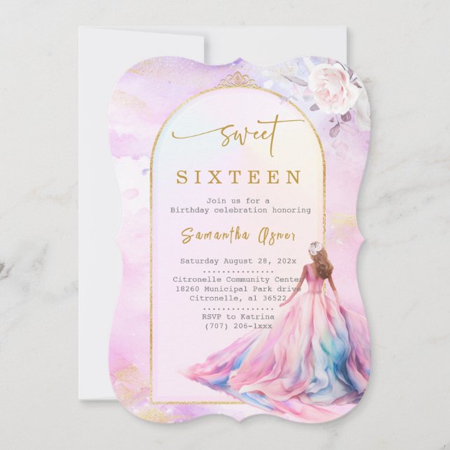 Bright Rosa och Guld Sweet sixteen Inbjudningar (Framsida)