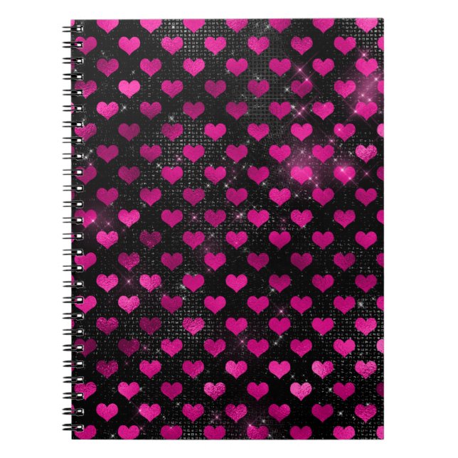 Bright Rosa och svart Glam Hearts Mönster Anteckningsbok (Framsidan)