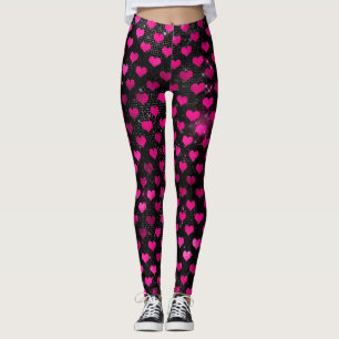 Bright Rosa och svart Glam Hearts Mönster Leggings