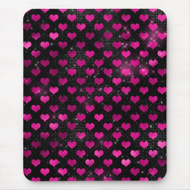 Bright Rosa och svart Glam Hearts Mönster Musmatta (Framsidan)