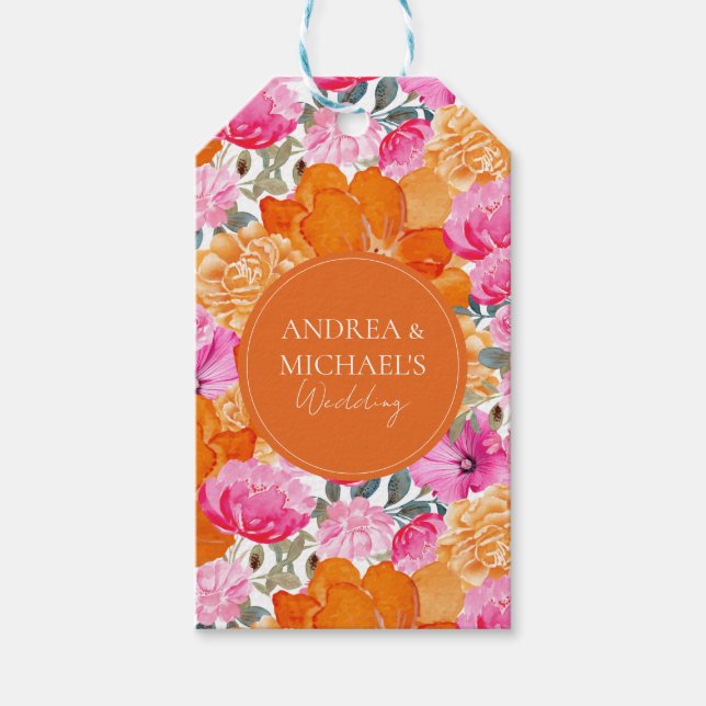 Bright Rosa & Orange Blommigt Bloom Summer Bröllop Presentetikett (Framsidan)
