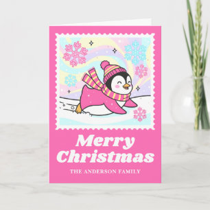 Bright Rosa Penguin jul Postage Frimärke Helgkort