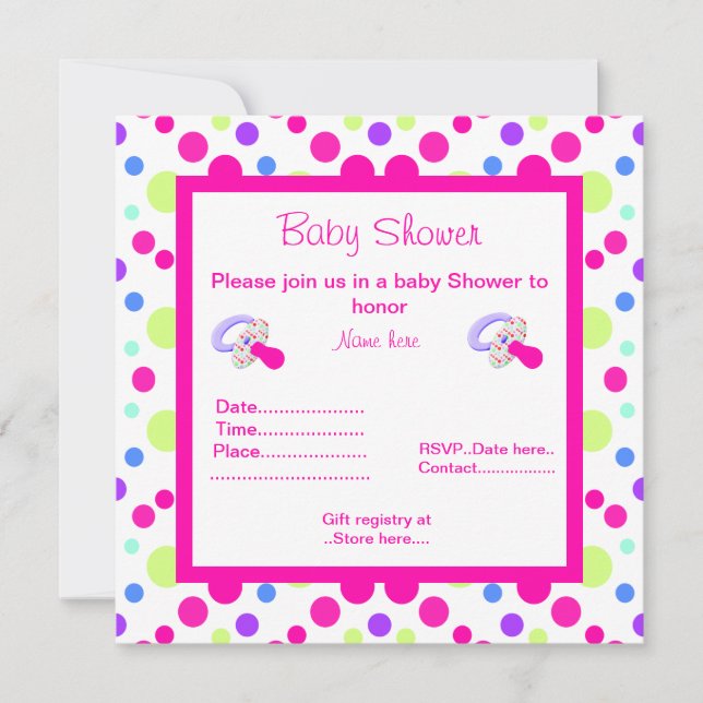 BRIGHT ROSA POLKA DOT BABY SHOWER-INBJUDAN INBJUDNINGAR (Framsida)