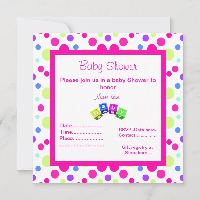 BRIGHT ROSA POLKA DOT BLOCKS BABY SHOWER INVITATIO INBJUDNINGAR (Framsida)