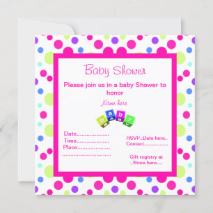 BRIGHT ROSA POLKA DOT BLOCKS BABY SHOWER INVITATIO INBJUDNINGAR
