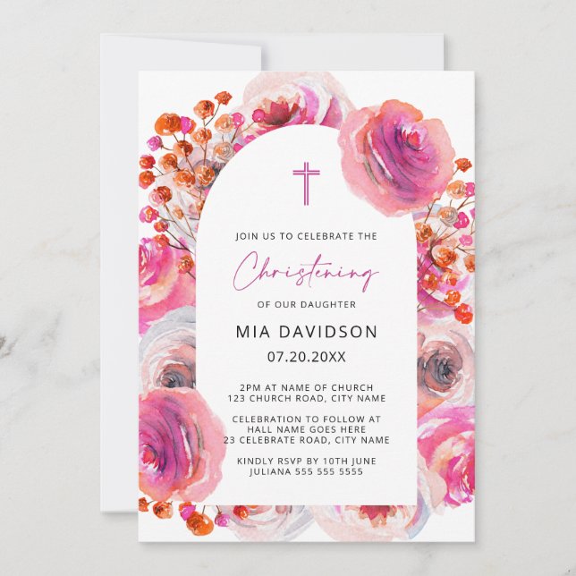 Bright Rosa Watercolor Blommigt Arch Christening I Inbjudningar (Framsida)