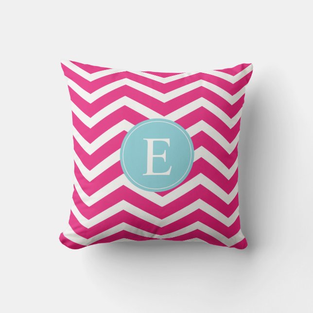 Bright Rosa White Chevron Blue Monogram Kudde (Framsida)
