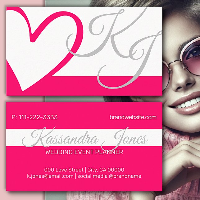 Bright Rosa White Girly Heart Calligraphy Monogram Visitkort (Skapare uppladdad)