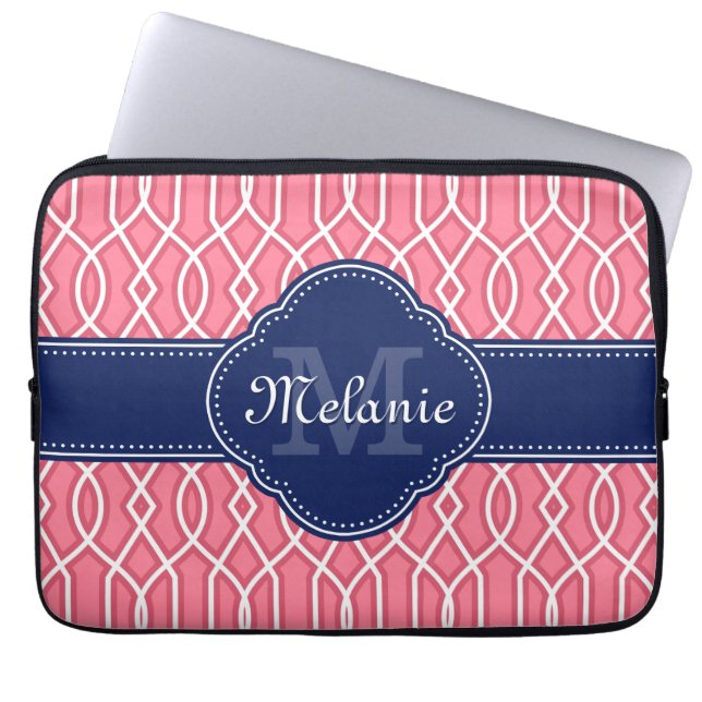 Bright Rosa Wht Trellis Mönster marinmonogram Laptop Sleeve (Framsidan)