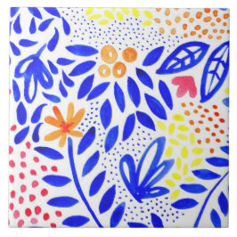 Bright Royal Blue Blommigt Vår Mönster Kakelplatta