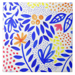 Bright Royal Blue Blommigt Vår Mönster Kakelplatta