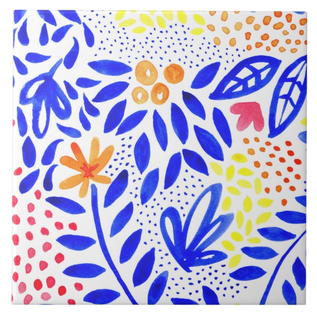 Bright Royal Blue Blommigt Vår Mönster Kakelplatta (Framsidan)