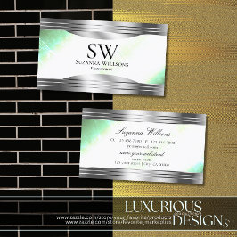 Bright Shimmery Mint med Silver Gräns Monogram Visitkort