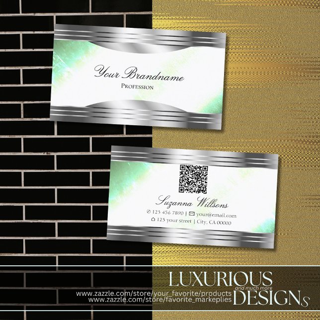 Bright Shimmery Mint med Silver Gräns QR-kod Visitkort (Skapare uppladdad)
