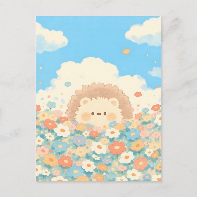 Bright Sky Blue Kawaii Hedgehog Meadow Vykort (Framsida)
