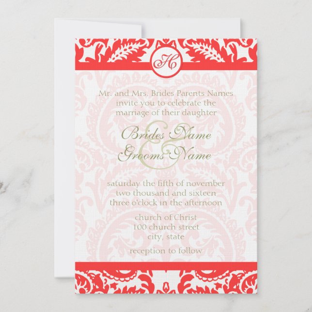 Bright Snap Dragon Coral Damask Grått Teckensnitt  Inbjudningar (Framsida)