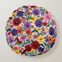 Bright Spring Pansies Floral Garden Pattern Rund Kudde