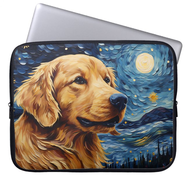 BRIGHT STARRY KATT MED GOLDEN RETRIEVER HUND LAPTOP FODRAL (Framsidan)