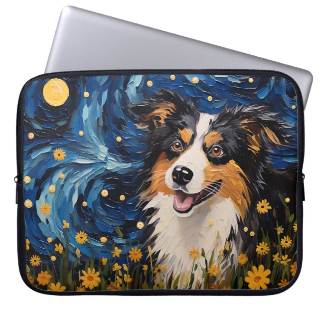 BRIGHT STARRY KVÄLL MED AUSTRALIAN SHEPHERD HUND LAPTOP FODRAL (Framsidan)