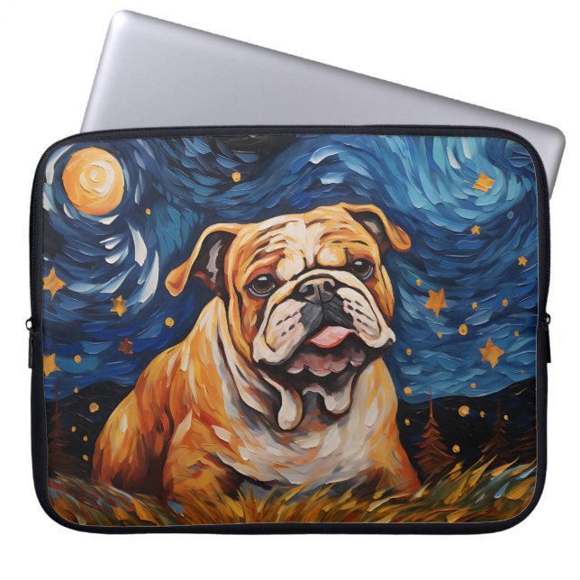 BRIGHT STARRY NIGHT MED BULLDOG HUND LAPTOP FODRAL (Framsidan)
