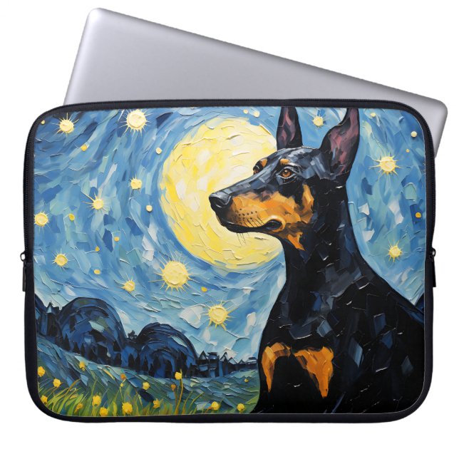 BRIGHT STARRY NIGHT MED DOBERMAN PINSCHER HUND LAPTOP FODRAL (Framsidan)