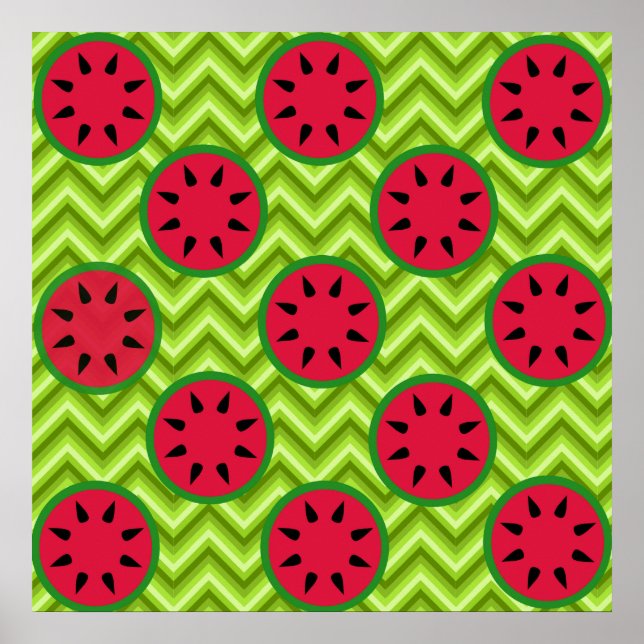 Bright Summer Picnic Watermelons på Grönt Chevron Poster (Framsidan)
