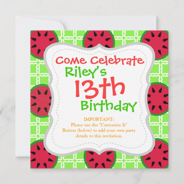 Bright Summer Picnic Watermelons på Grönt Squares Inbjudningar (Framsida)