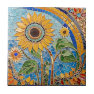 Bright Summery Solros Faux Mosaic Himmel Blue Kakelplatta