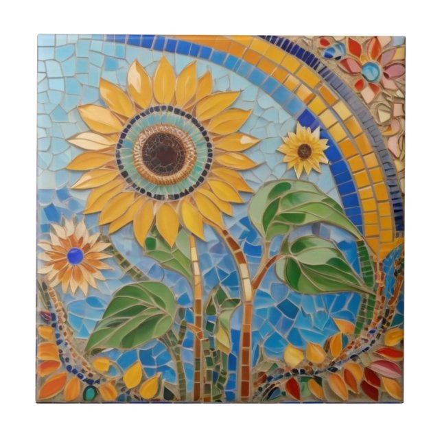Bright Summery Solros Faux Mosaic Himmel Blue Kakelplatta (Framsidan)