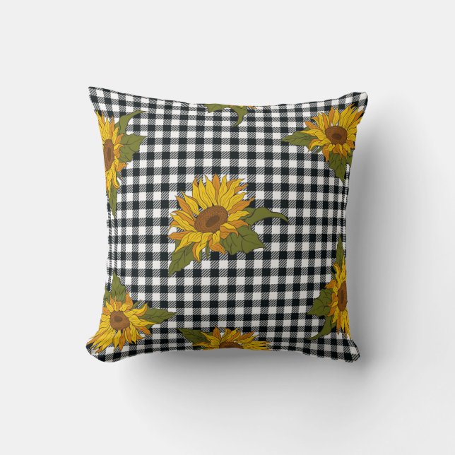 Bright sunflowers on a black and white buffalo che kudde (Framsida)