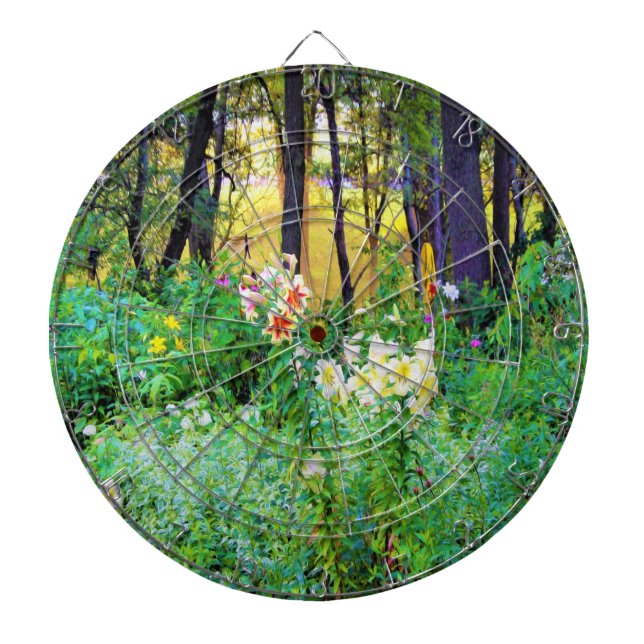 Bright Sunrise med Träd Lilies in My Rubio Garden Darttavla (Framsidan)