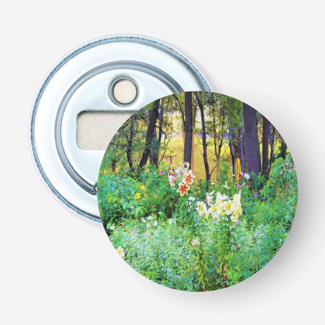 Bright Sunrise med Träd Lilies in My Rubio Garden Flasköppnare (Framsidan)