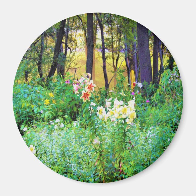 Bright Sunrise med Träd Lilies in My Rubio Garden Magnet (Framsidan)