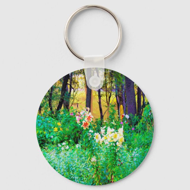 Bright Sunrise med Träd Lilies in My Rubio Garden Nyckelring (Framsida)