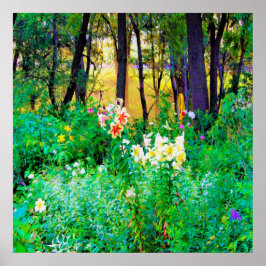 Bright Sunrise med Träd Lilies in My Rubio Garden Poster
